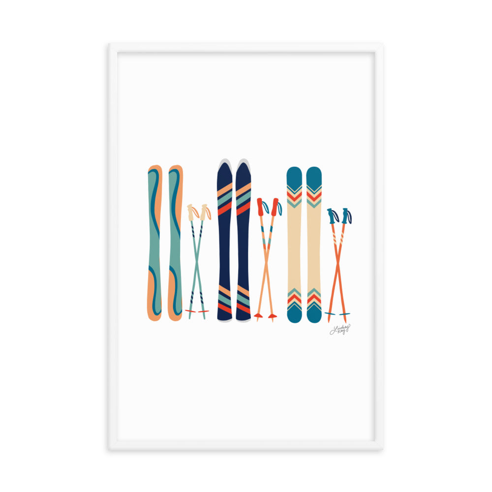Ilustración de esquí (paleta verde azulado/naranja) - Lámina enmarcada